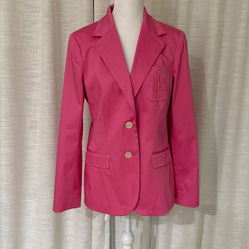 Lauren Ralph Lauren Pink Cotton Blazer Embroidery Logo Preppy Barbie Size 10 Y2K - Picture 2 of 16